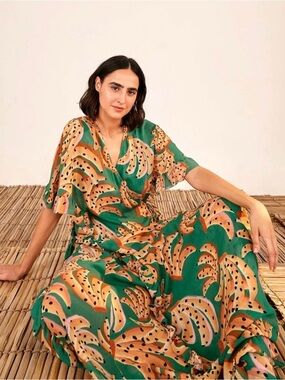 NWT FARM Rio Teal Wrap Midi Dress with Yellow Banana Print